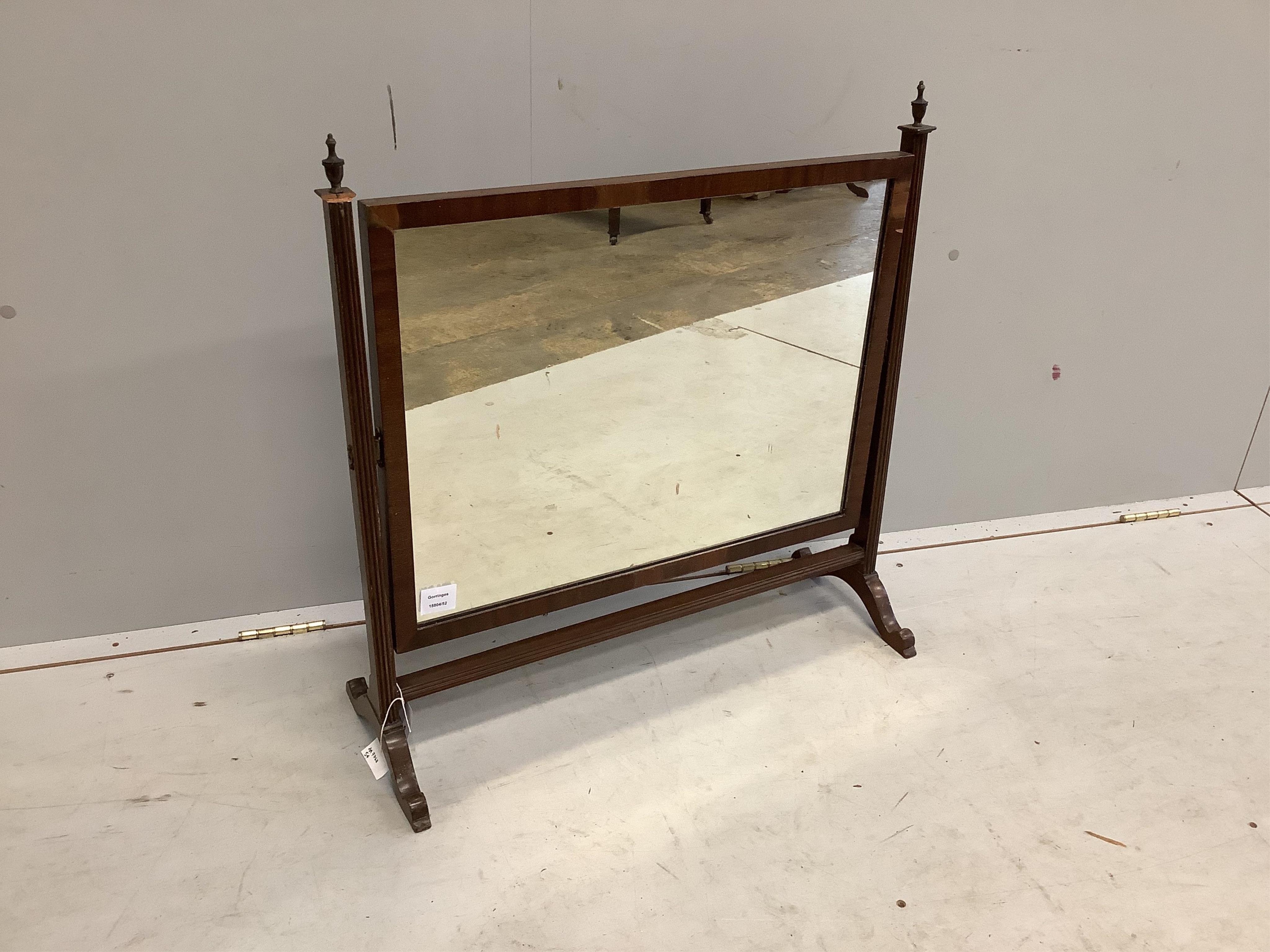 An early 20th century mahogany skeleton frame toilet mirror, width 70cm, height 71cm. Condition - poor